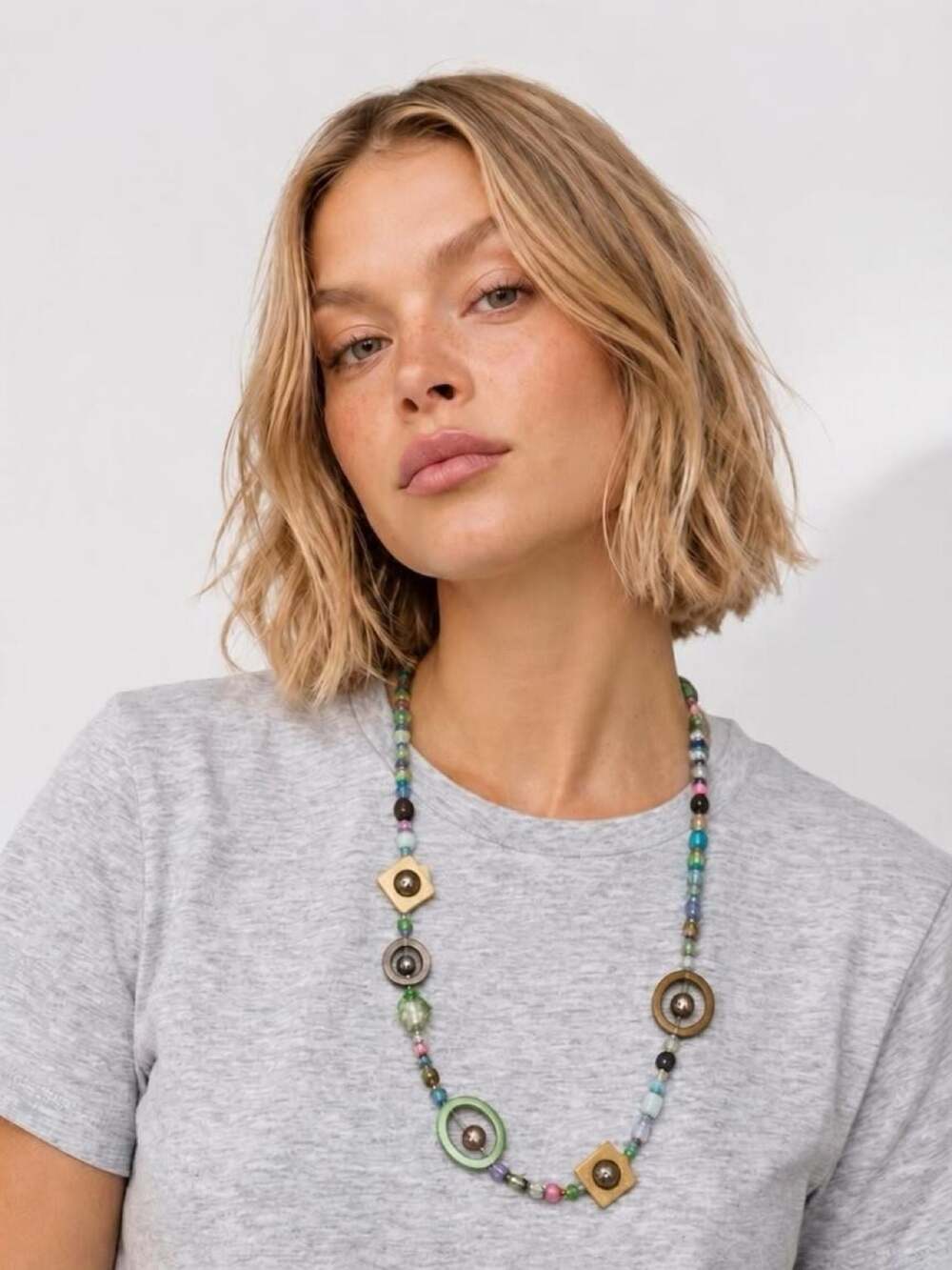 Boho Multi-Material Statement Necklace with Mixed Glass, Wood, Geo Beads